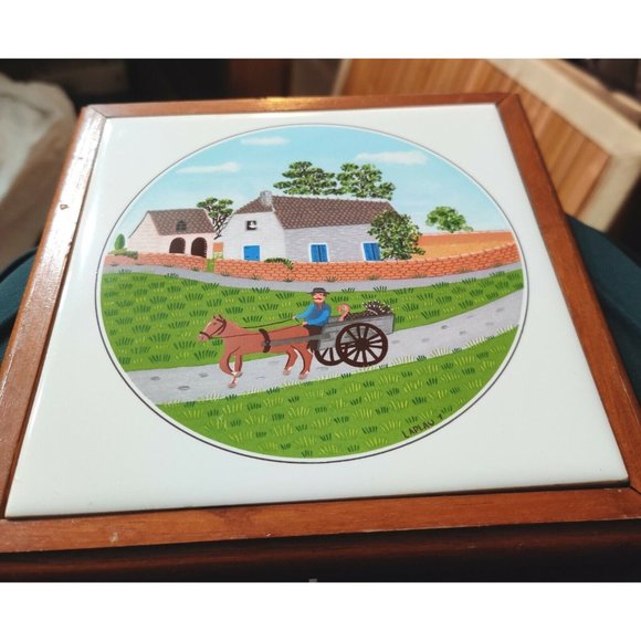 Farmer w/ Turkey in Wagon Design 7"  LAPLAU Ceramic on Wood Trivet Decor Plate - Picture 5 of 6
